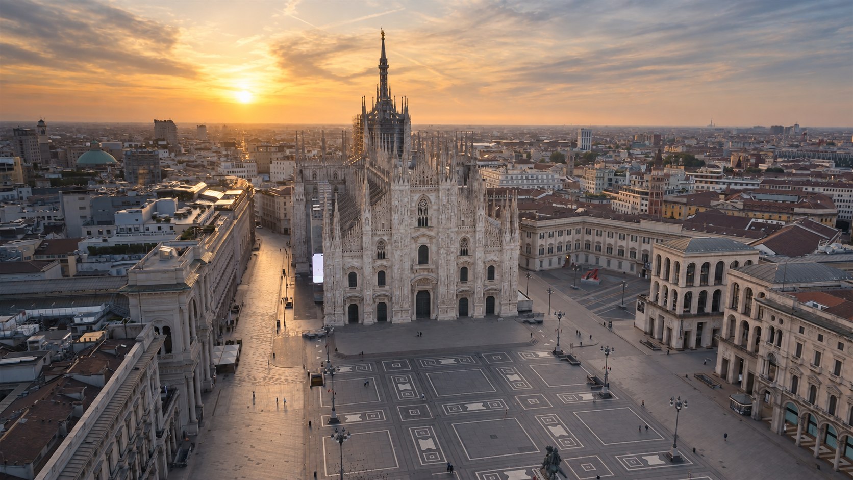 Ripresa aerea del Duomo di Milano all’alba